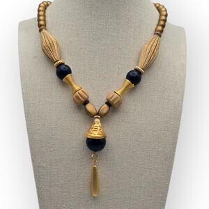 Navy & Gold Ornate Necklace Drop Pendant Mediterranean